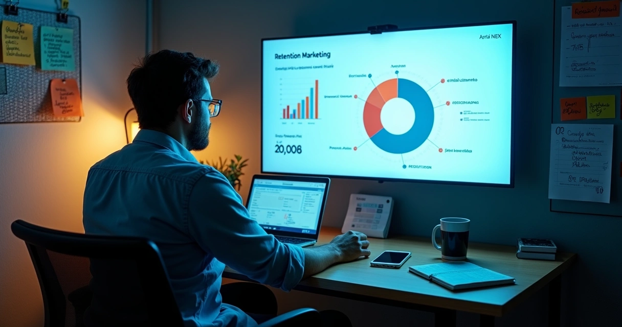 Dashboard com funil de clientes recorrentes em tela grande de escritório 
