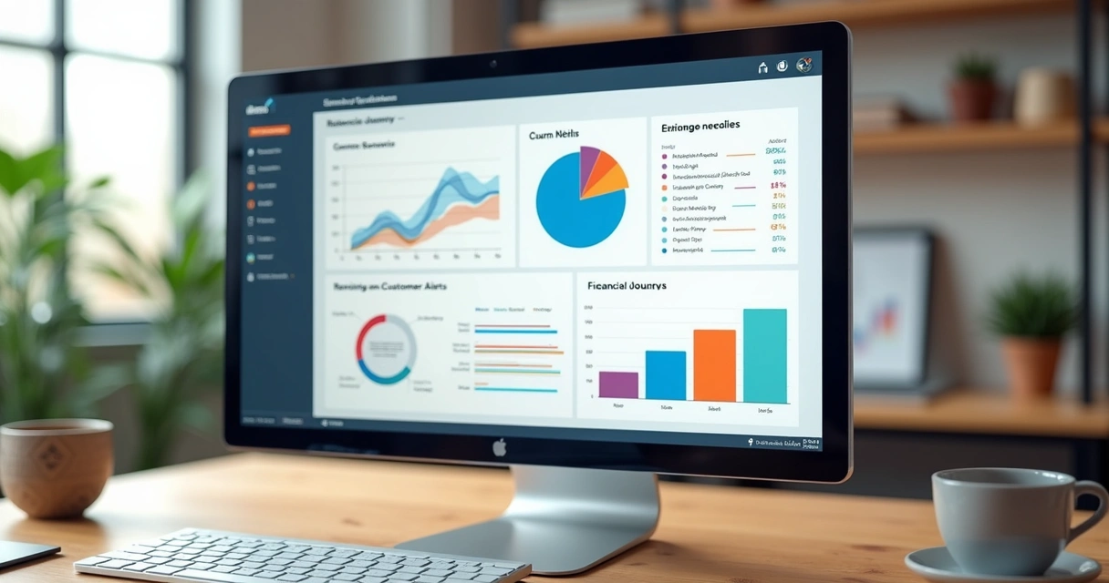 Dashboard de retenção financeira com gráficos coloridos, listas de clientes e alertas visíveis