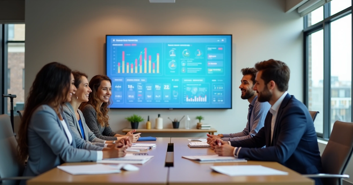 Equipe pequena reunida em sala de reunião analisando dashboard em tela grande 