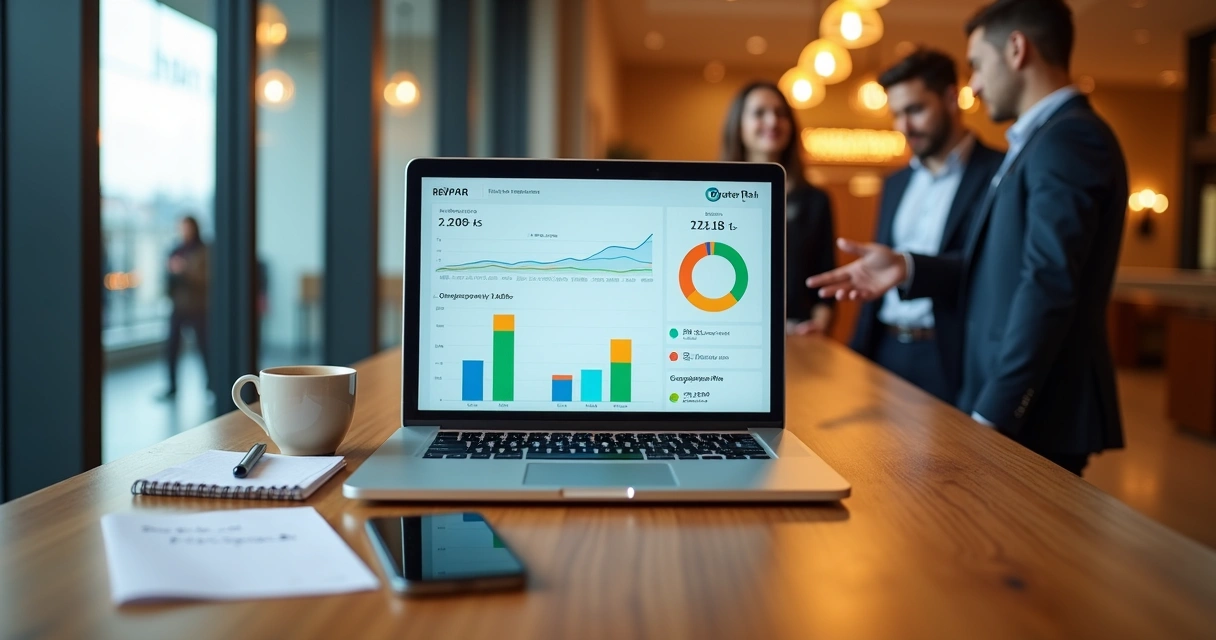 Gestor de hotel analisando dashboard de RevPAR no notebook na recepção 