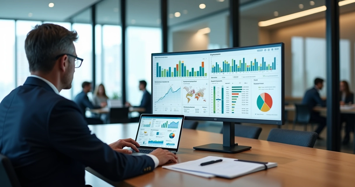 Gestor analisando dashboard de riscos psicossociais em monitor ultralargo 