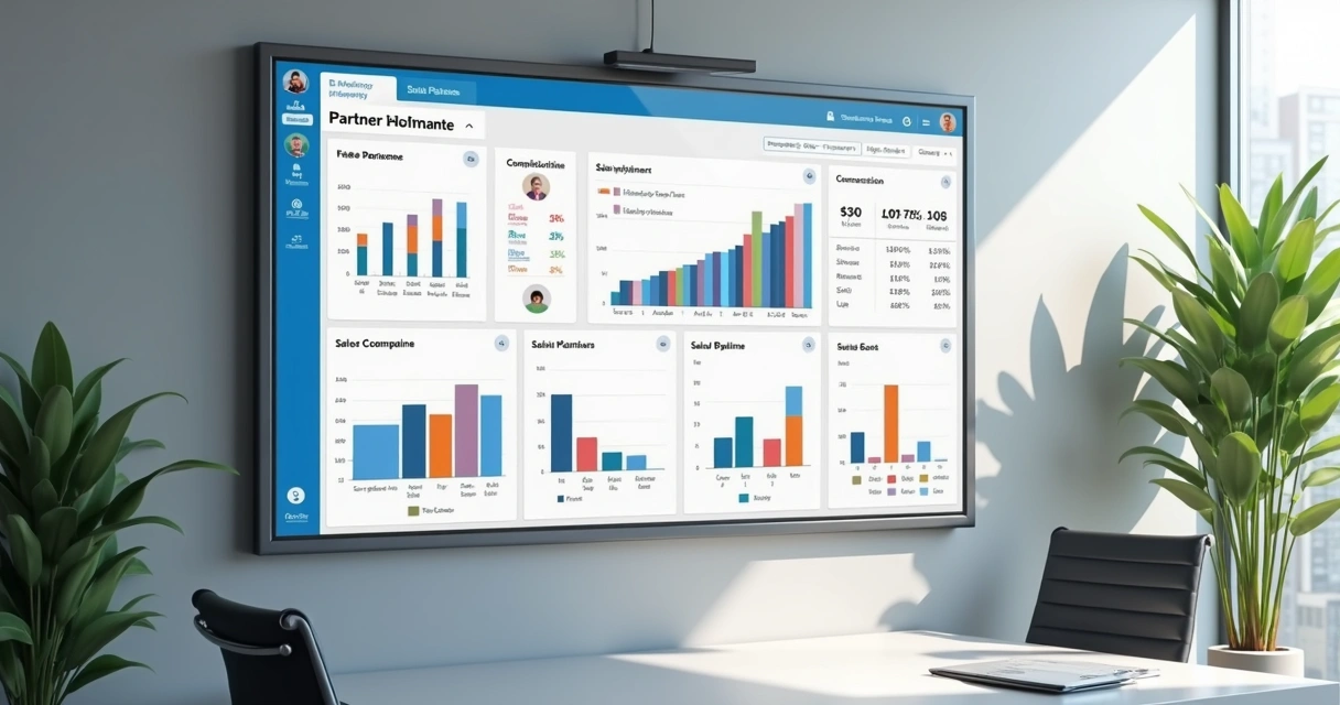Painel digital mostrando gráficos de resultados de parceiros e ROI em uma tela grande 