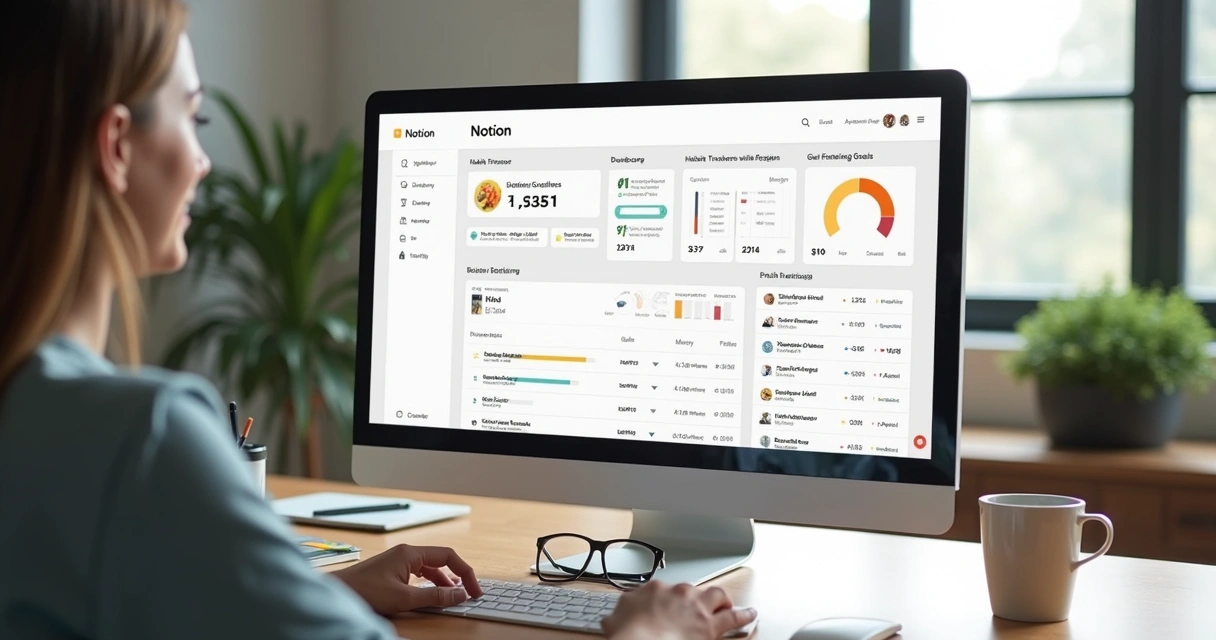 Visão de dashboard do Notion com tarefas, hábitos e finanças. 