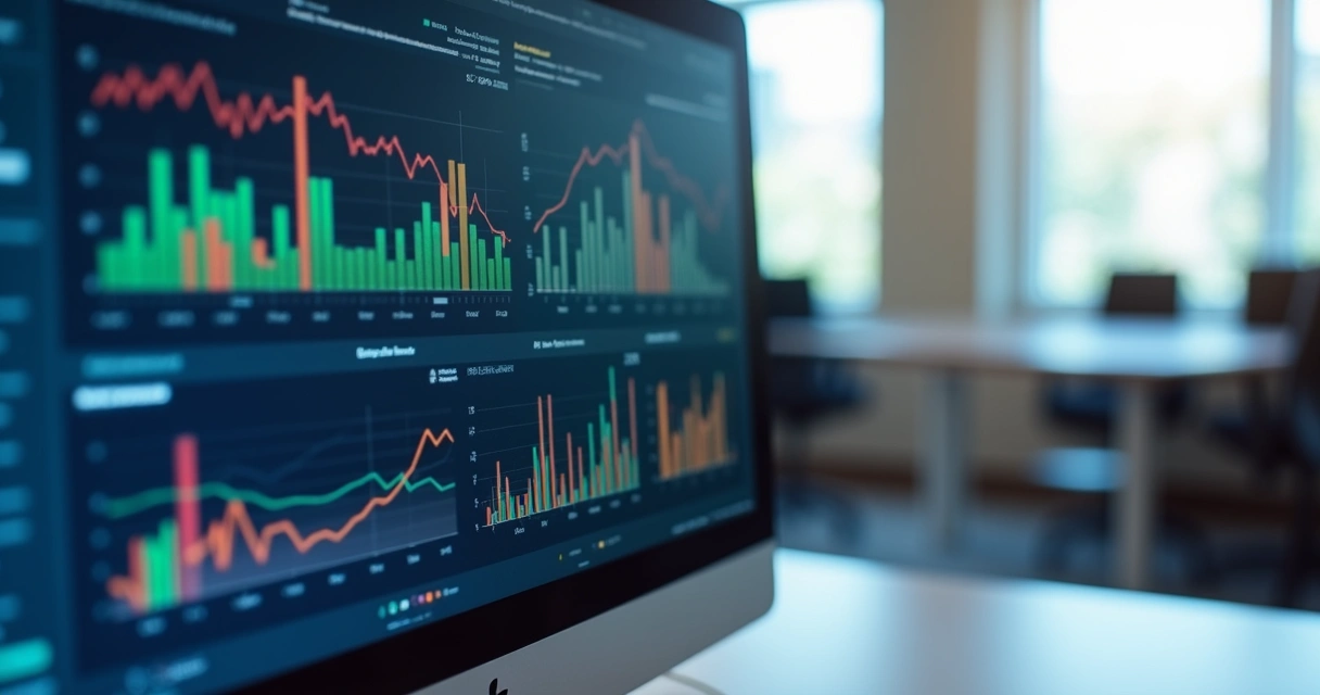 Dashboard digital mostrando gráficos de automação em um monitor de escritório 
