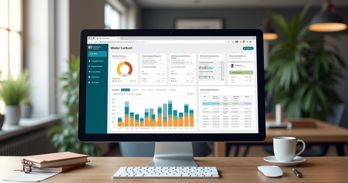 Painel digital de plataforma de gestão de imóveis SaaS com gráficos e relatórios coloridos 