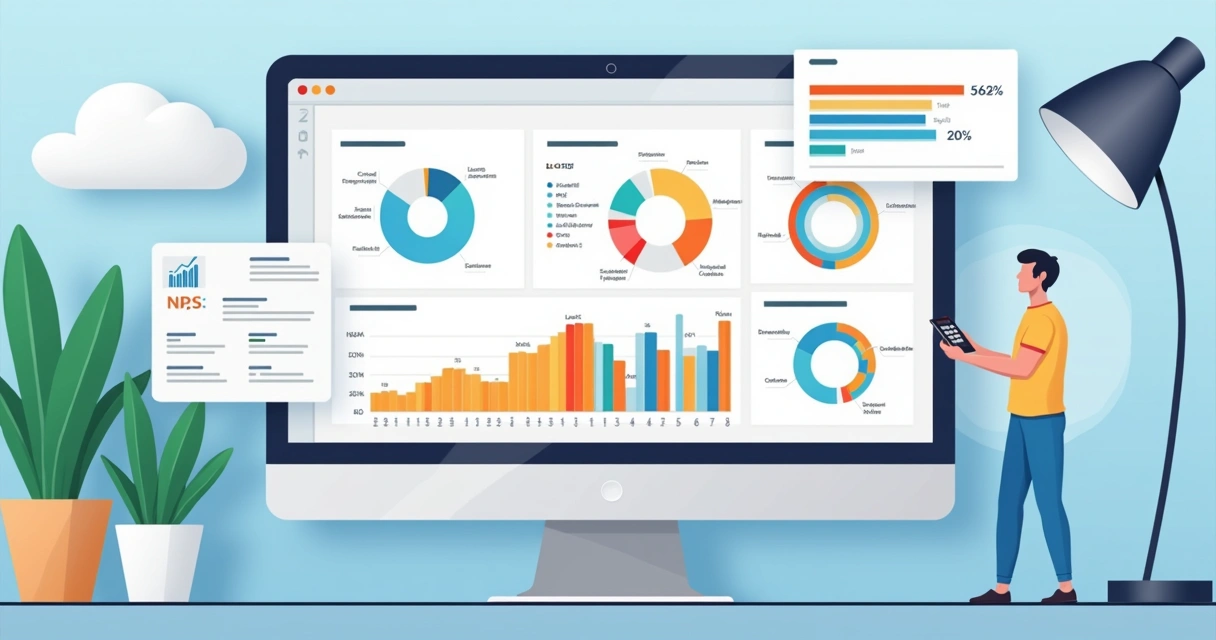 Dashboard digital mostrando gráficos de satisfação do cliente. 