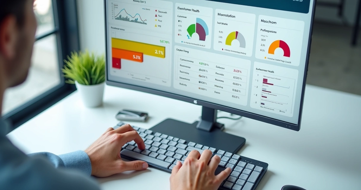 Dashboard mostrando gráficos de saúde do cliente e status em verde, amarelo e vermelho 
