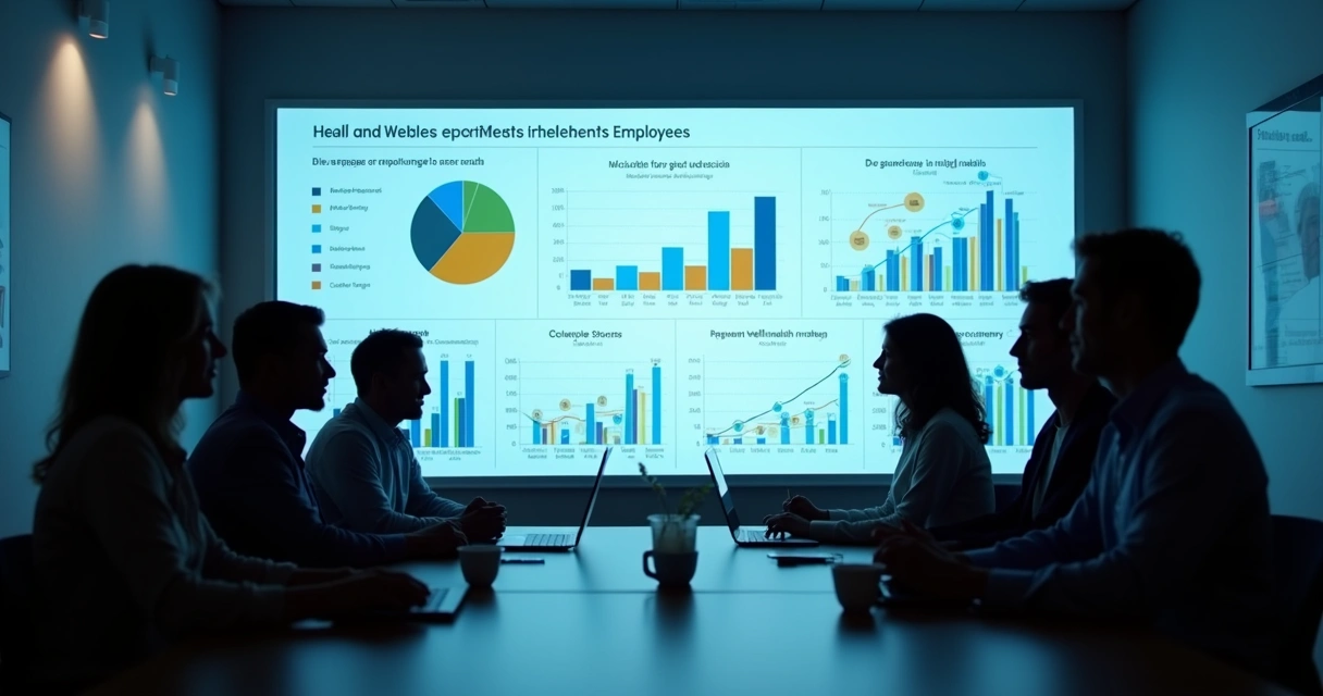 Painel digital exibindo dados de saúde e bem-estar dos funcionários. 