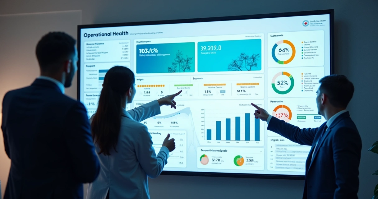 Dashboard colorido com dados operacionais de saúde em tela digital