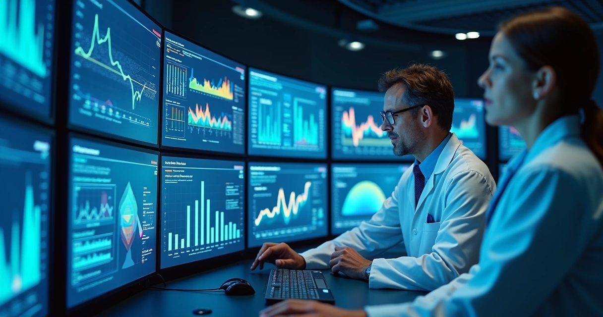 Telas digitais exibindo gráficos de saúde em cores vivas