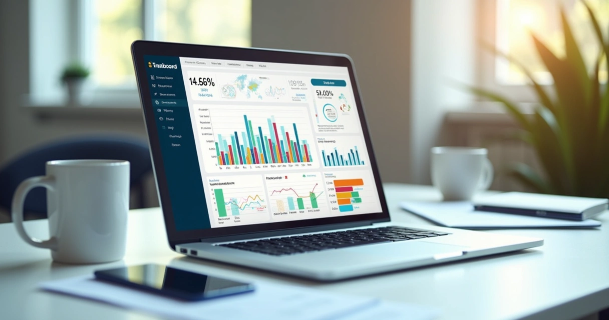 Sistema de dashboard de saúde ocupacional aberto em notebook na mesa 