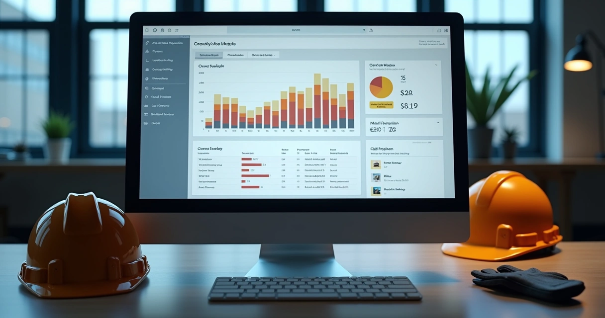 Dashboard digital simples com gráficos de barras e indicadores coloridos de segurança do trabalho
