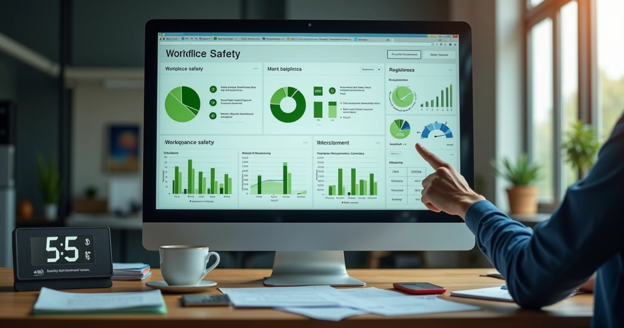 Dashboard digital com gráficos de segurança do trabalho em tela de computador 