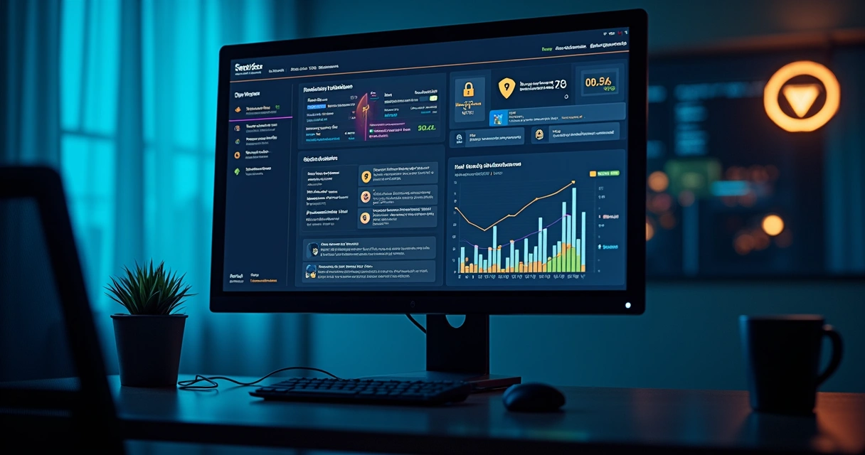 Painel de segurança de dados com gráficos, alertas e indicadores 