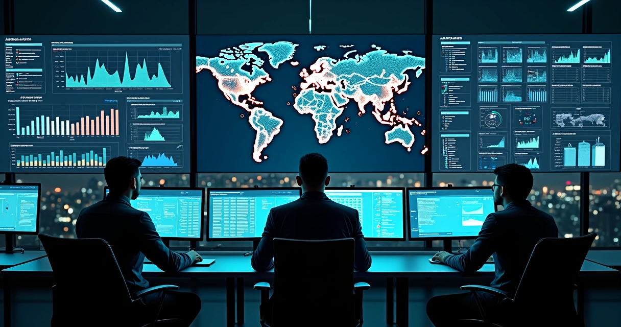 Painel de segurança digital com dashboard de logs em tela gigante em centro de operações 