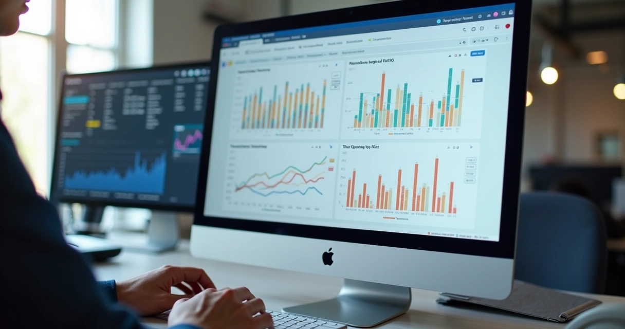 Painel de SEO em computador mostrando gráfico de desempenho de blog 