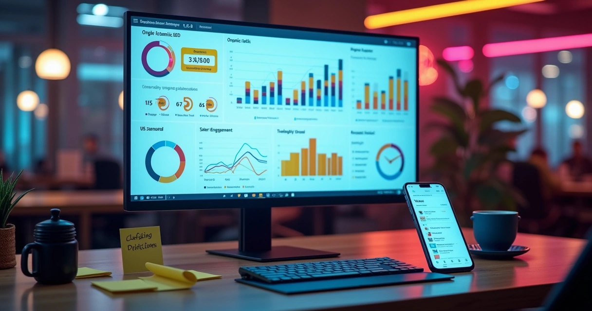 Dashboard de SEO com gráficos e indicadores 