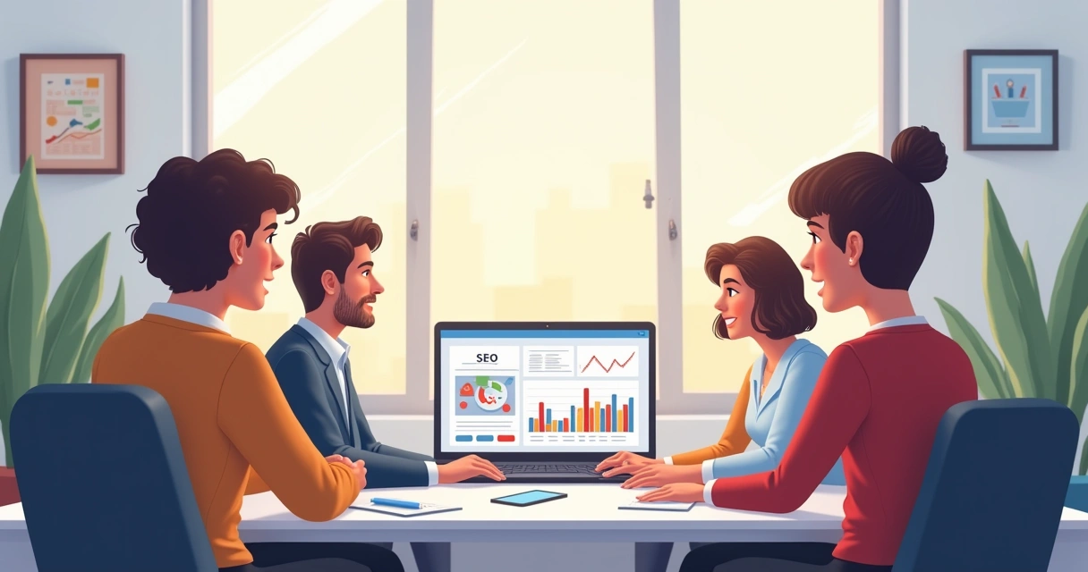 Painel de acompanhamento SEO com métricas e gráficos em tela de notebook 