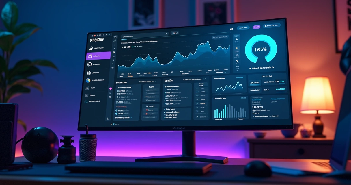 Painel de SEO e tráfego de site gamer em tela com gráficos
