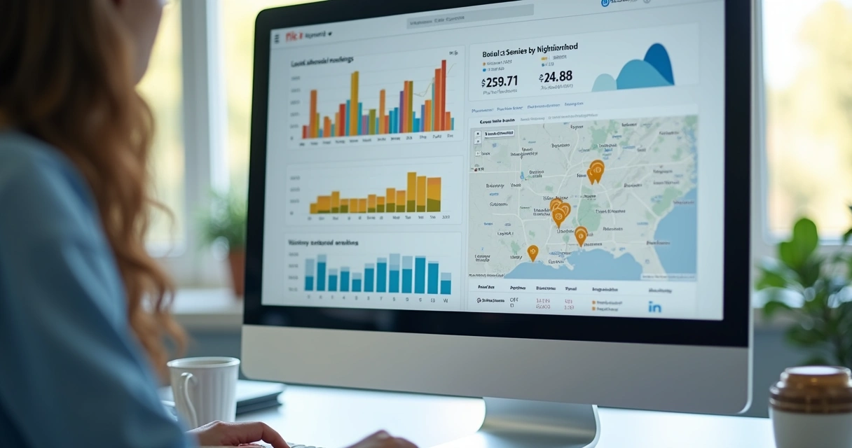 Dashboard digital com gráficos e métricas de SEO local em destaque