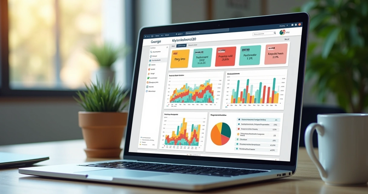 Painel de monitoramento SEO em laptop mostrando gráficos de evolução. 
