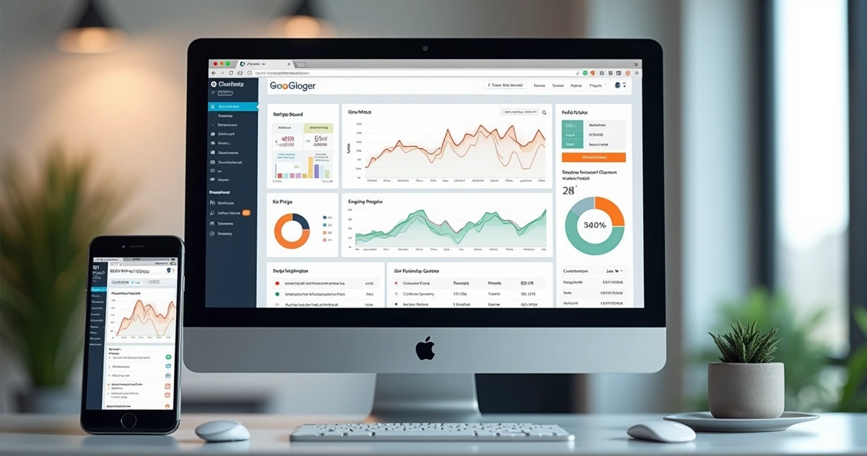 Dashboard de SEO em site WordPress visto na tela de computador e celular 
