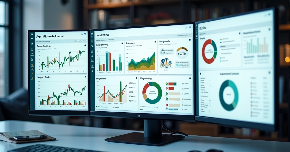 Dashboards variados exibindo setores como agricultura, indústria e educação 