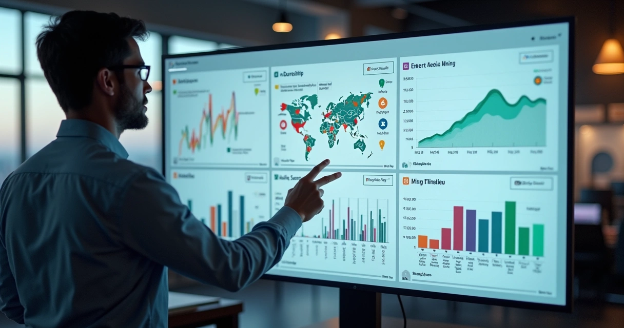 Tela de dashboard de software empresarial com gráficos de diferentes setores. 