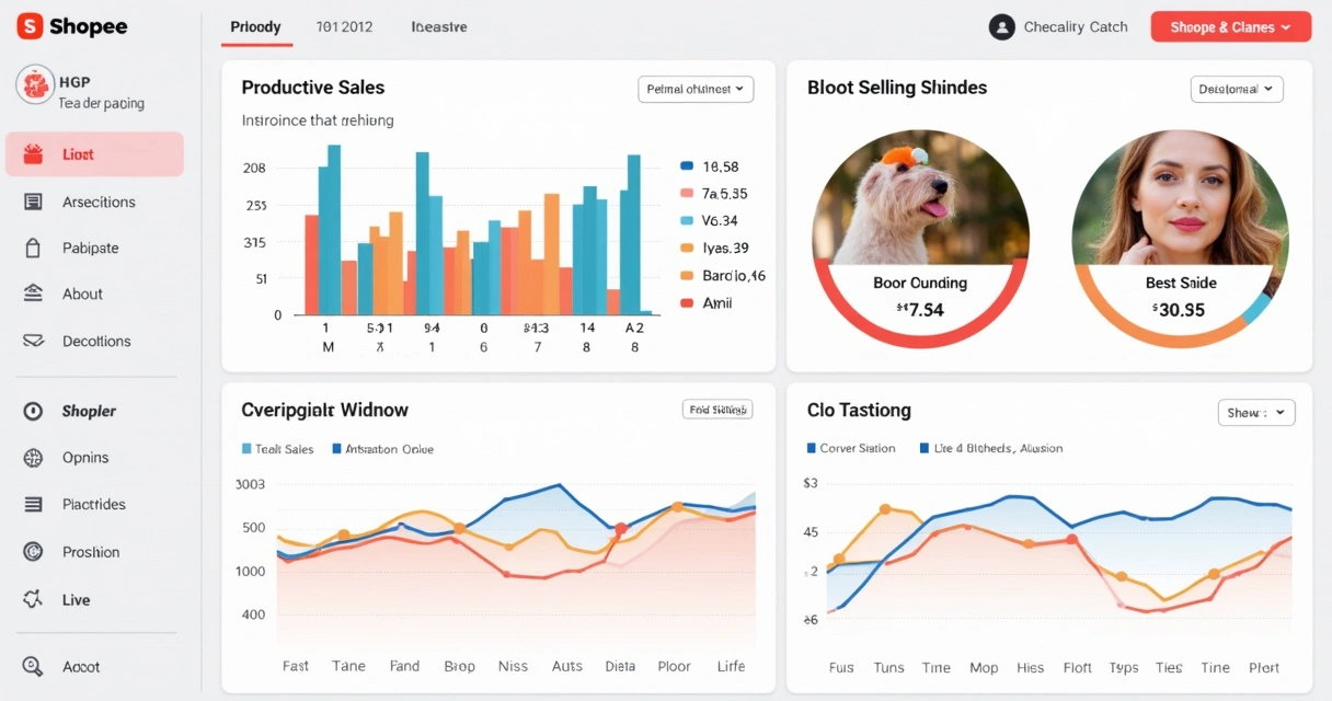 Dashboard de desempenho de vendas Shopee com gráficos e listas coloridas claras 