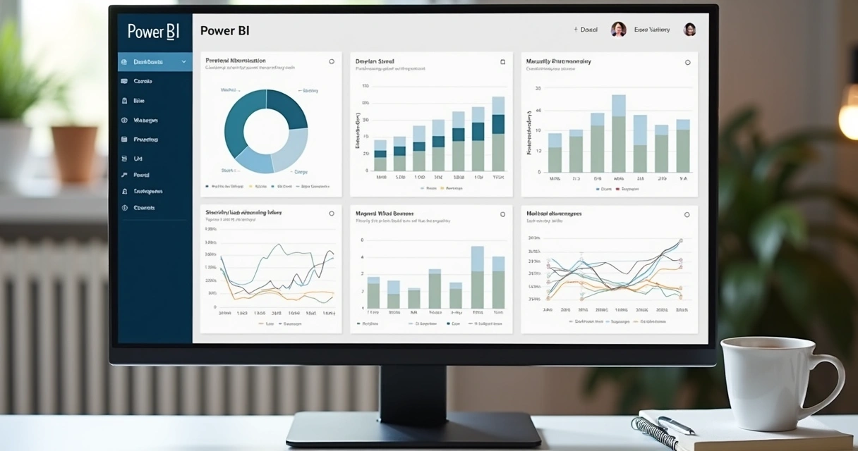 Dashboard Power BI limpo e intuitivo em monitor 