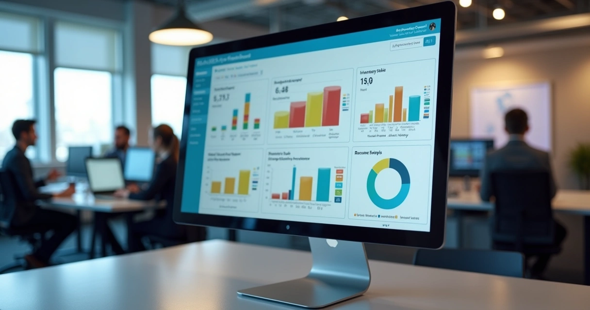 Dashboard de sistema ERP mostrando estoque, vendas e recebimentos 