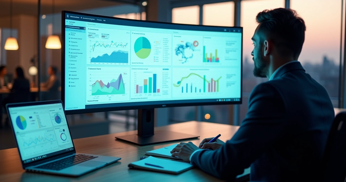 Gestor acompanhando dashboard de sistema de gestão online em grande monitor 
