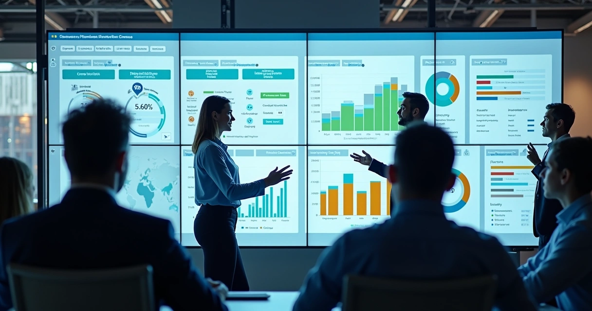 Painel de sistema de gestão empresarial com dashboards integrados 