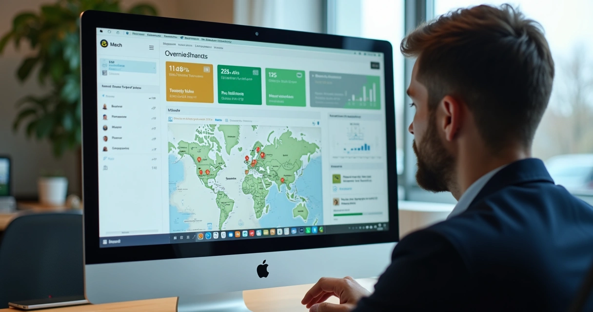 Painel digital com gráficos e mapa de imóveis 