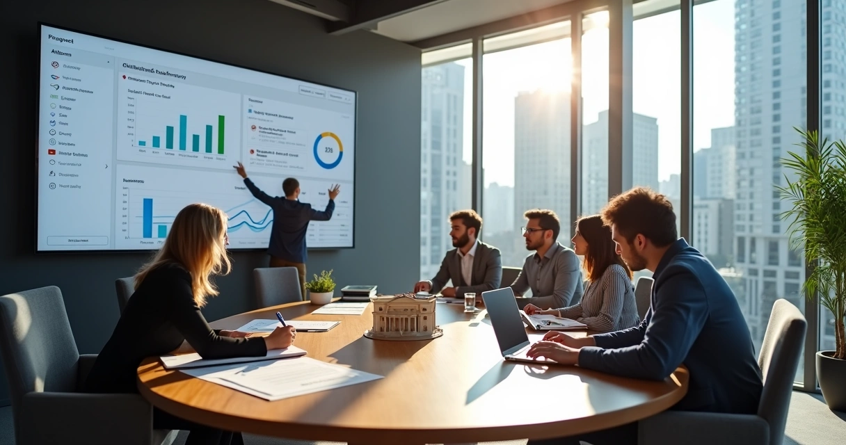 Equipe imobiliária reunida em mesa redonda analisando dashboard de gestão de aluguéis em tela ampla 