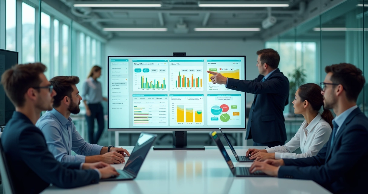Dashboard de sistema de tickets de TI em tela grande com equipe de tecnologia colaborando 