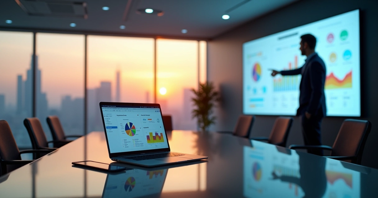 Gestor observando painel de sistema web empresarial em tela grande com gráficos e métricas 