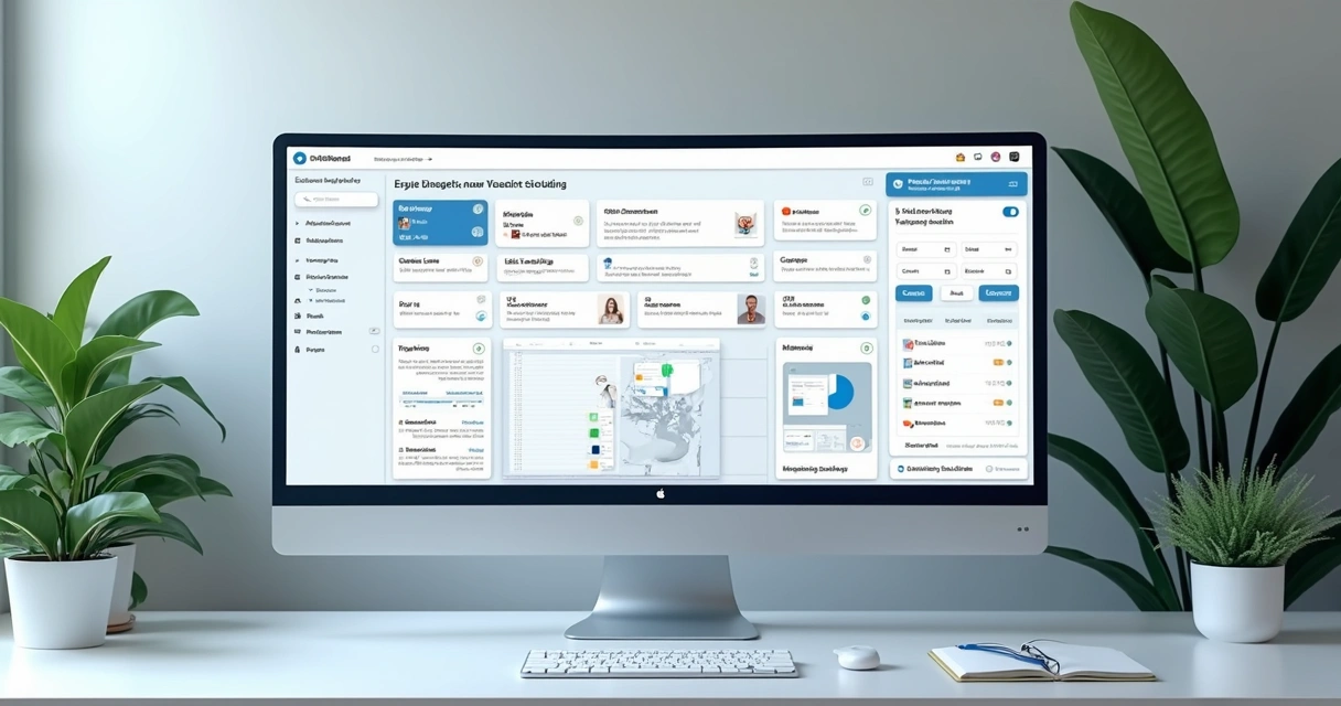 Dashboard com site criado via IA mostrando widgets para integração com CRM e relatórios de leads