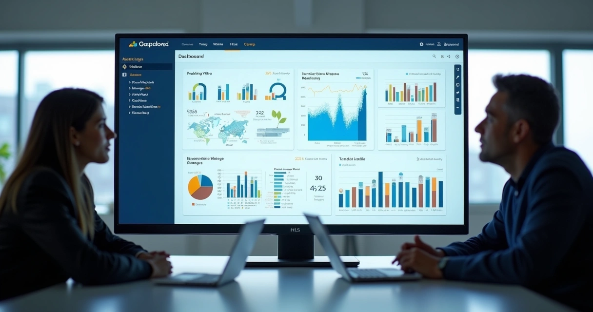 Painel de relatórios customizado com logotipo de empresa ao centro, gráficos únicos e cores personalizadas 