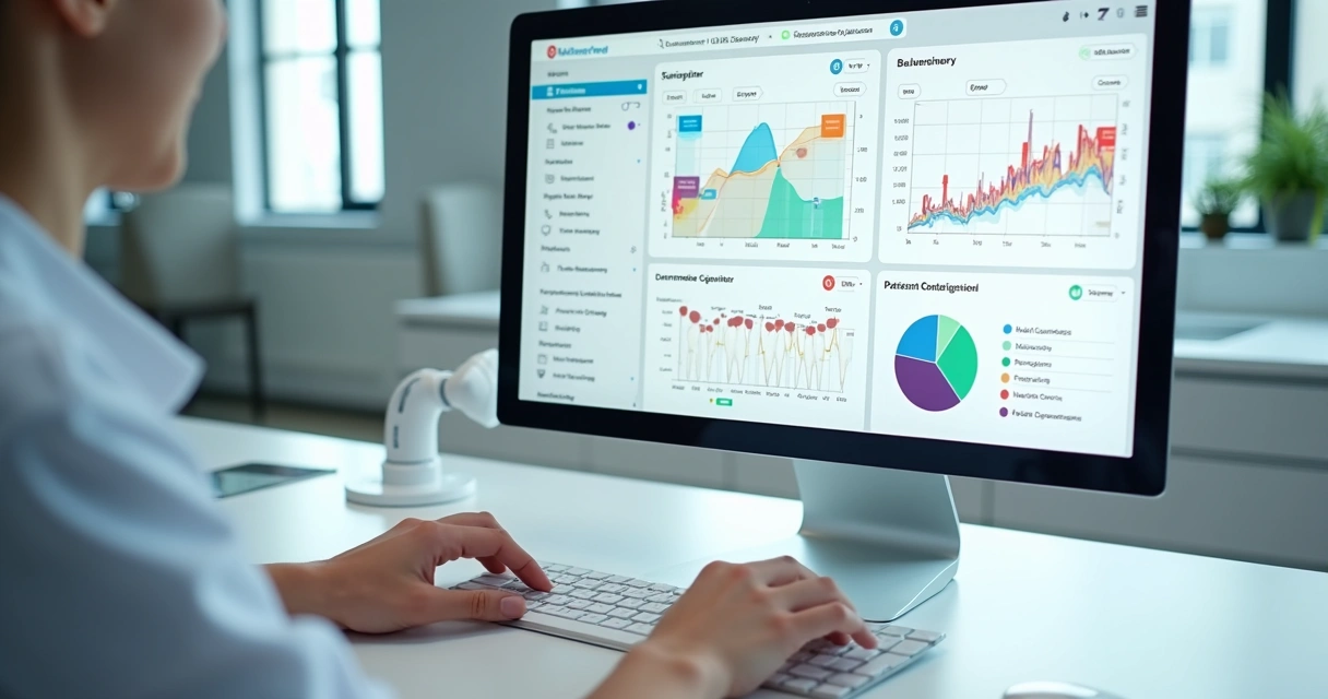 Dashboard de software de gestão odontológica com gráficos de desempenho 