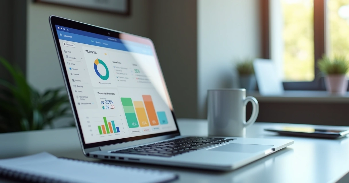 Tela de dashboard financeiro colorido em notebook 