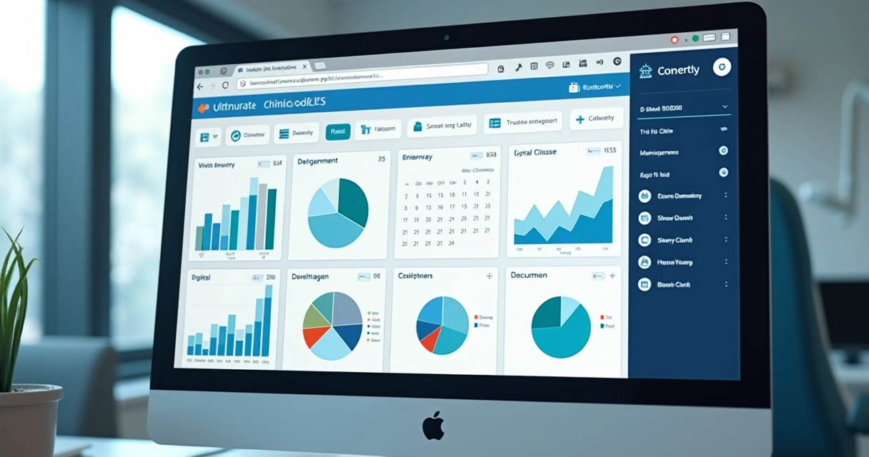 Dashboard de software odontológico com gráficos e calendários