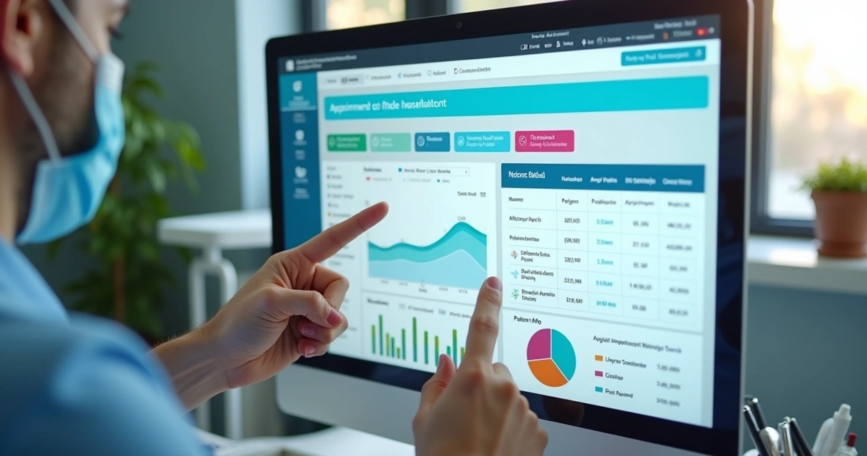 Tela de software odontológico com gráficos de agendamento e histórico de pacientes 