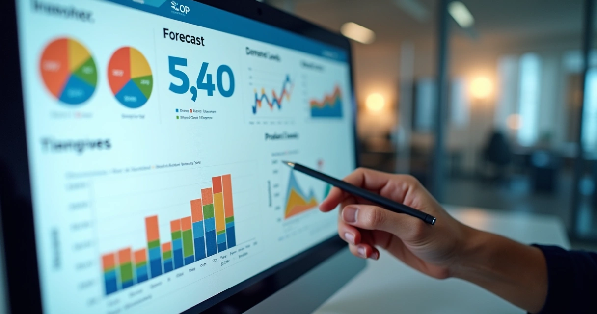 Dashboard digital de S&OP com gráficos de estoque e produção 