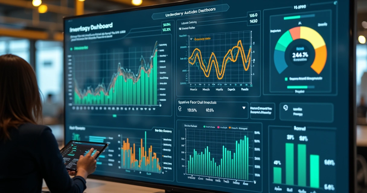 Dashboard digital de S&OP com gráficos de produção, estoque e demanda, colorido e detalhado. 