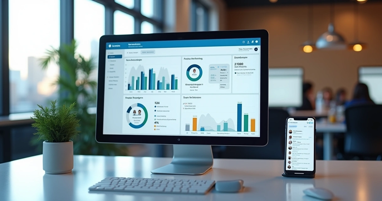 Dashboard visual de software exibindo andamento de projetos e desempenho da equipe de agência 