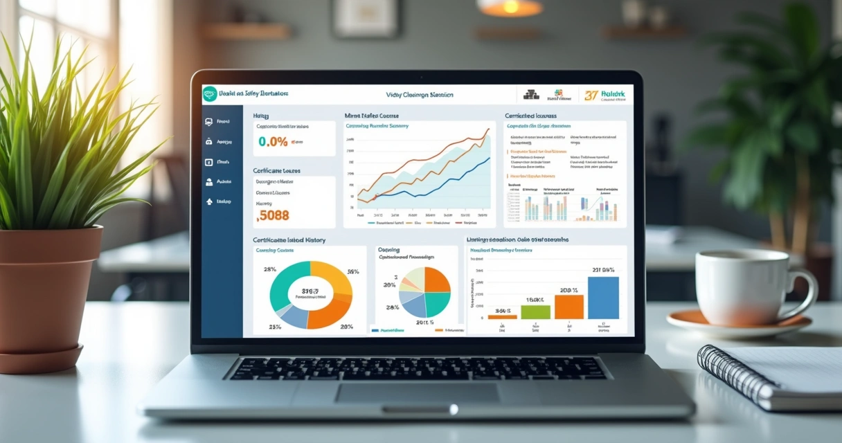 Dashboard digital mostrando indicadores de SST e cursos online
