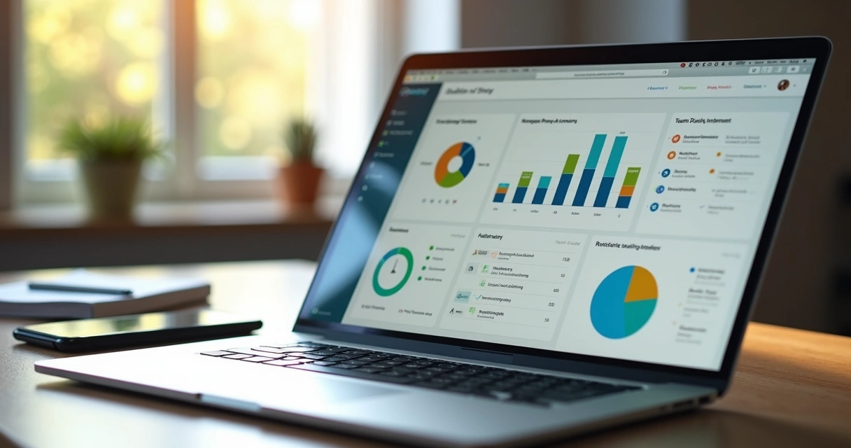 Dashboard intuitivo de acompanhamento de OKRs na tela do notebook 