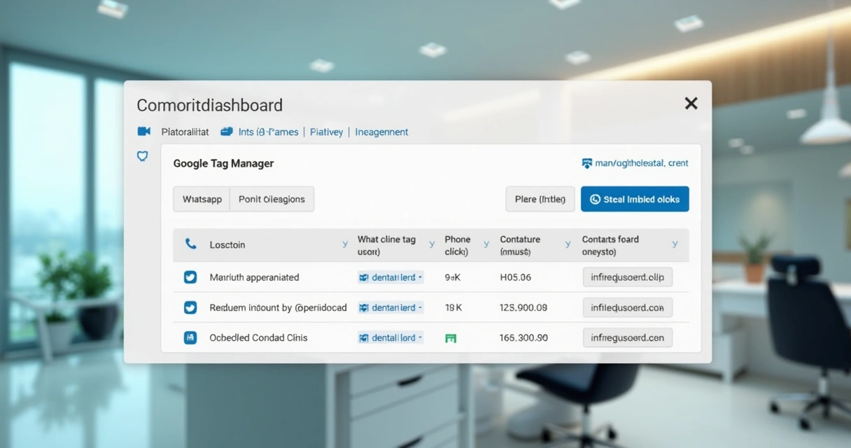 Tela do painel do Google Tag Manager mostrando eventos de clínicas, com fundo de consultório moderno. 