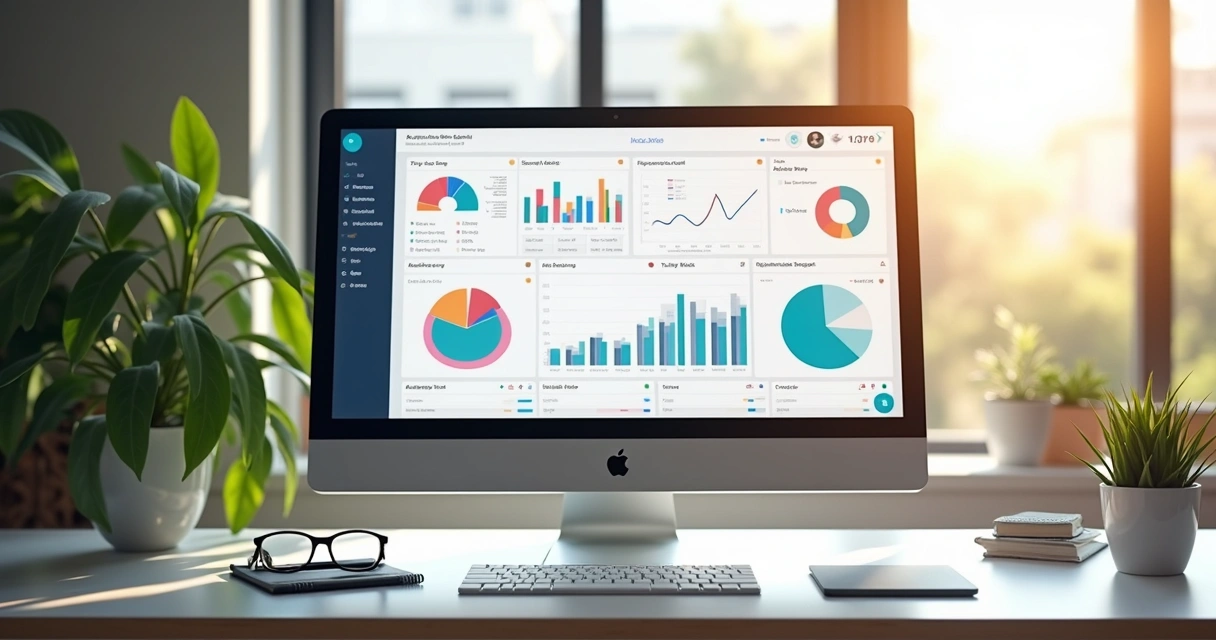 Dashboard com gráficos coloridos mostrando automação de tarefas 